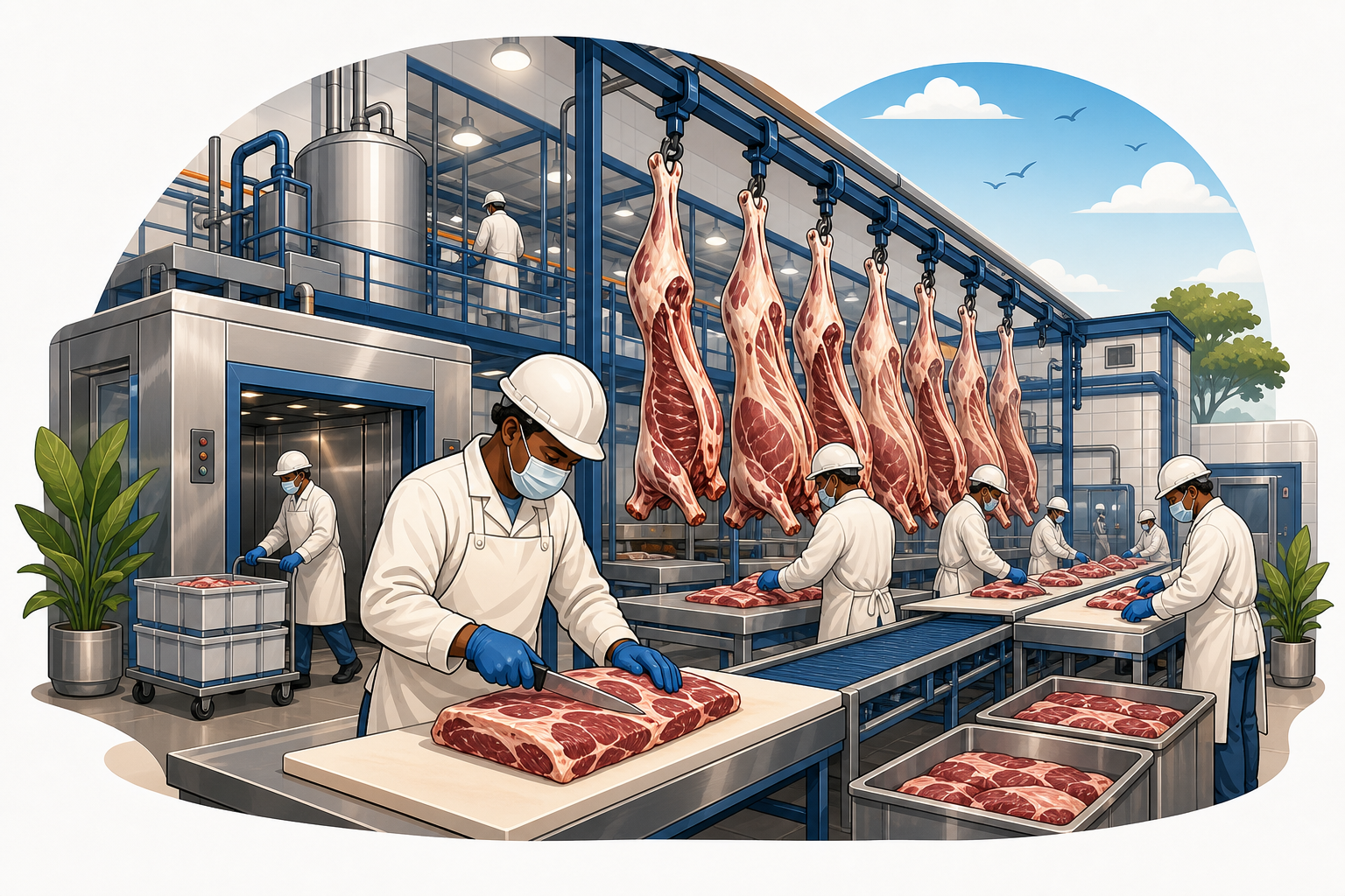 Processing staff at the abattoir preparing cuts of beef