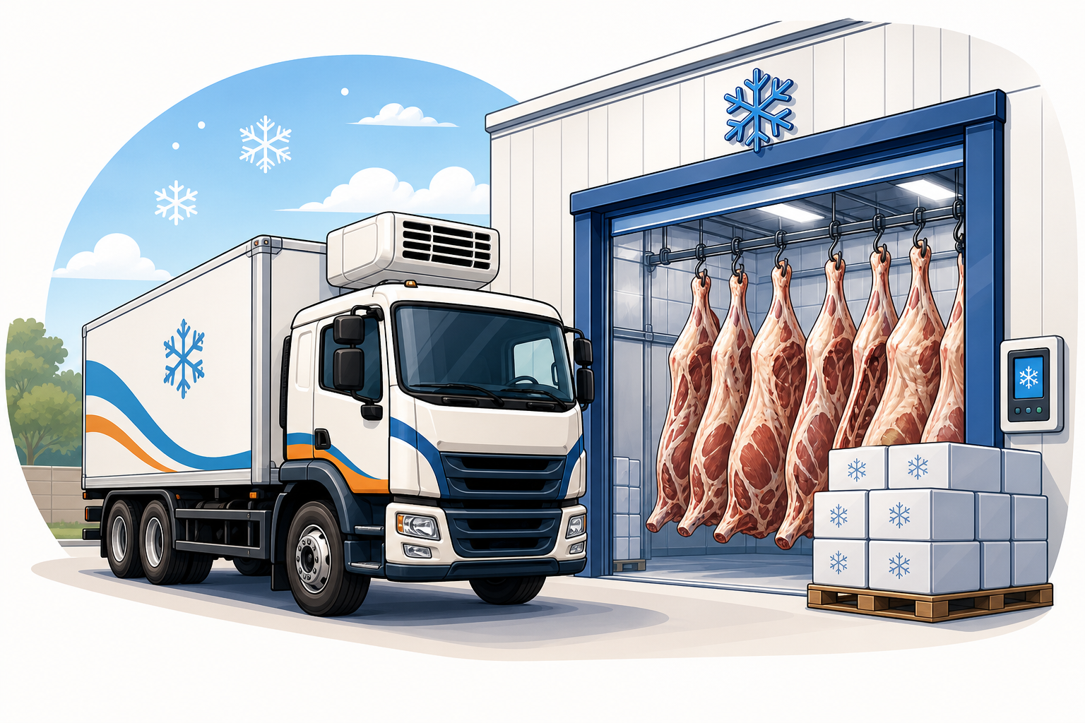 A refrigerated truck loading beef at a cold storage facility