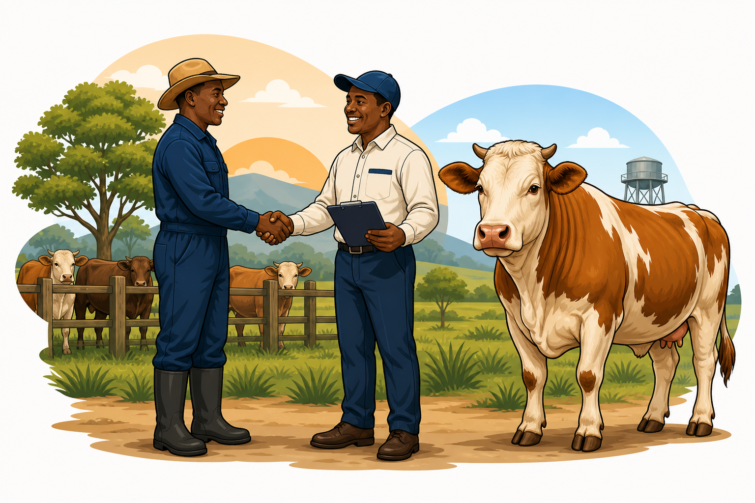 A farmer and I Group buyer shaking hands beside cattle on pasture
