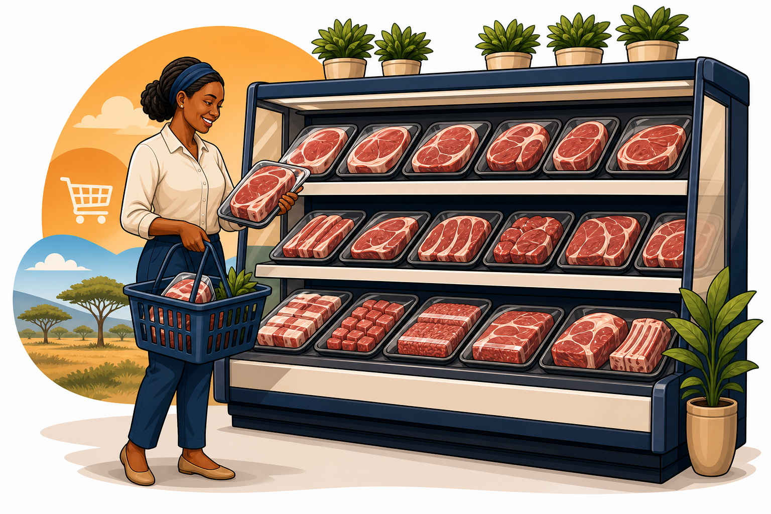 A shopper selecting fresh beef cuts from a retail shelf