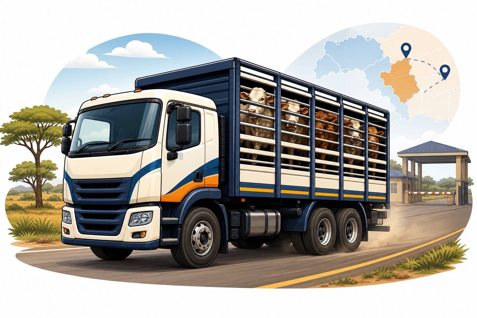 A livestock truck moving cattle along the route to Mochudi